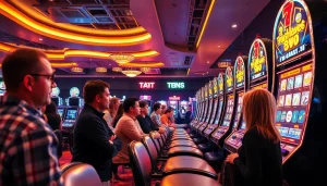 Menggambarkan petanitoto dalam suasana kasino online yang energik dan meriah, dengan permainan slot yang menarik.