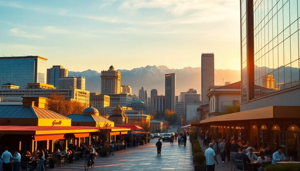 Experience the vibrant cityscape of Almaty at sunset, showcasing https://albmaftoh.com cultural landmarks and lively streets.