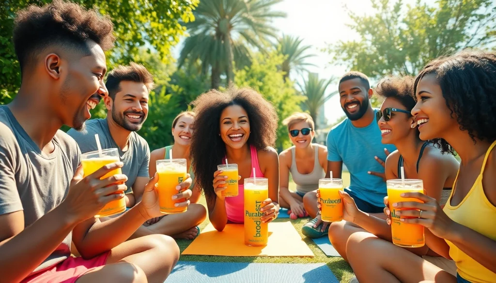 Puraboost energizing drinks enjoyed by active individuals in a vibrant outdoor setting.