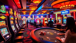 Players enjoying the excitement of birutoto at a lively casino table with vibrant slot machines.