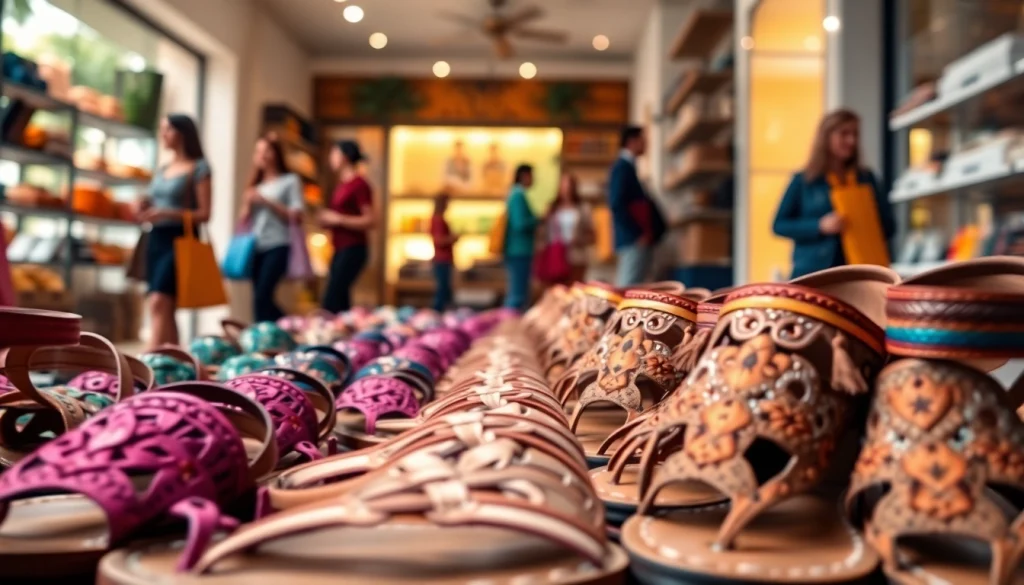 Explore the diverse collection of huarachepaschers.fr stylish sandals on display in a vibrant shopping environment.