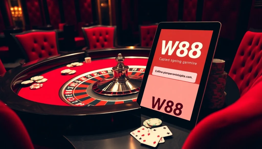 Cảnh casino đầy hứng khởi, liên kết W88 được hiển thị nổi bật trên tablet cùng bàn roulette và chip bài.