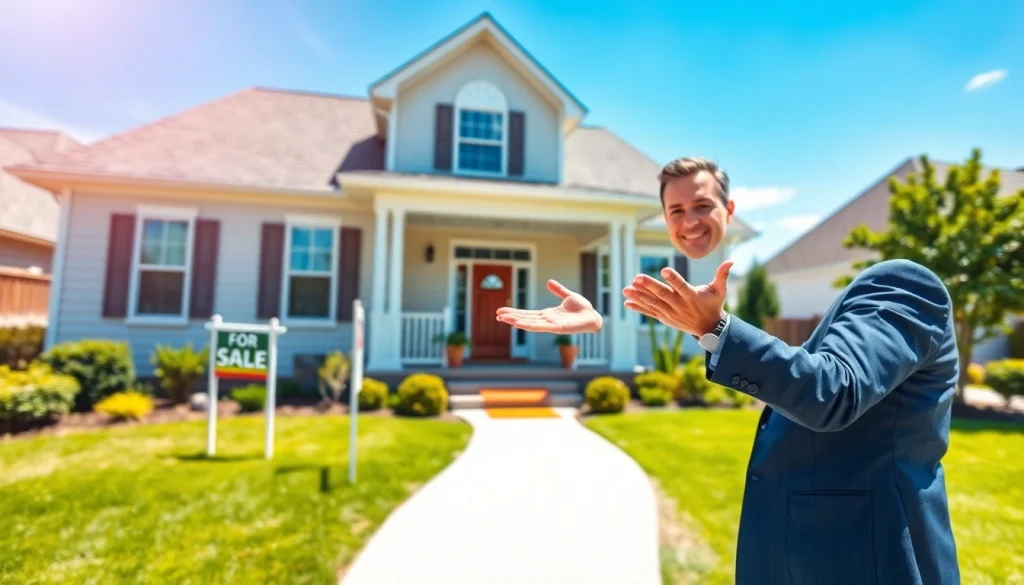 Real Estate agent showcasing a property in a sunny neighborhood setting.