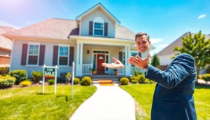Real Estate agent showcasing a property in a sunny neighborhood setting.
