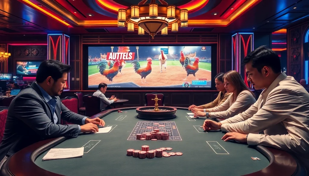 Engaging scene of đá gà trực tiếp thomo at a stylish casino with players placing bets.