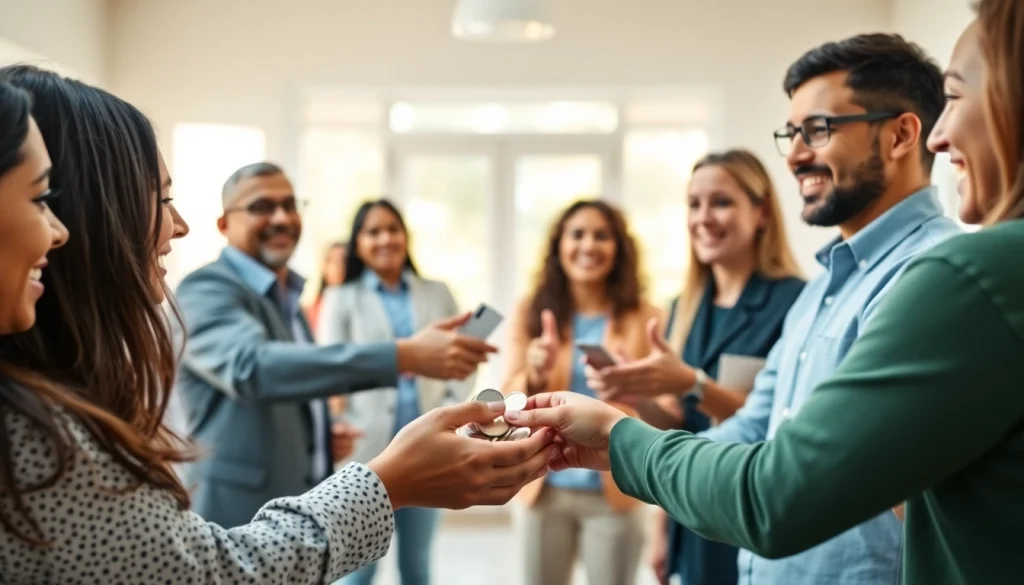 Illustration of donating crypto to charity with diverse individuals sharing their stories at a community event.