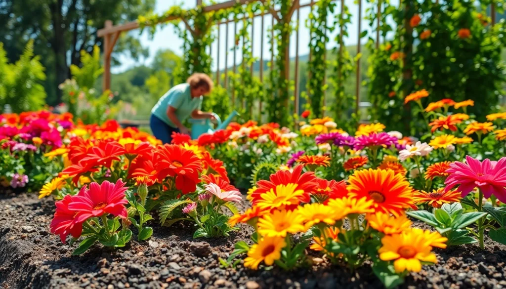 Gardening enthusiast nurturing colorful flowers in a vibrant garden setup.