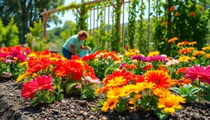 Gardening enthusiast nurturing colorful flowers in a vibrant garden setup.