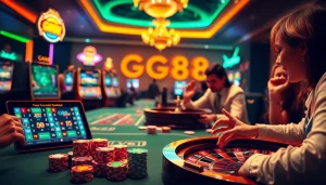 Players enjoying the GG88 gaming experience with vibrant slots and poker action.