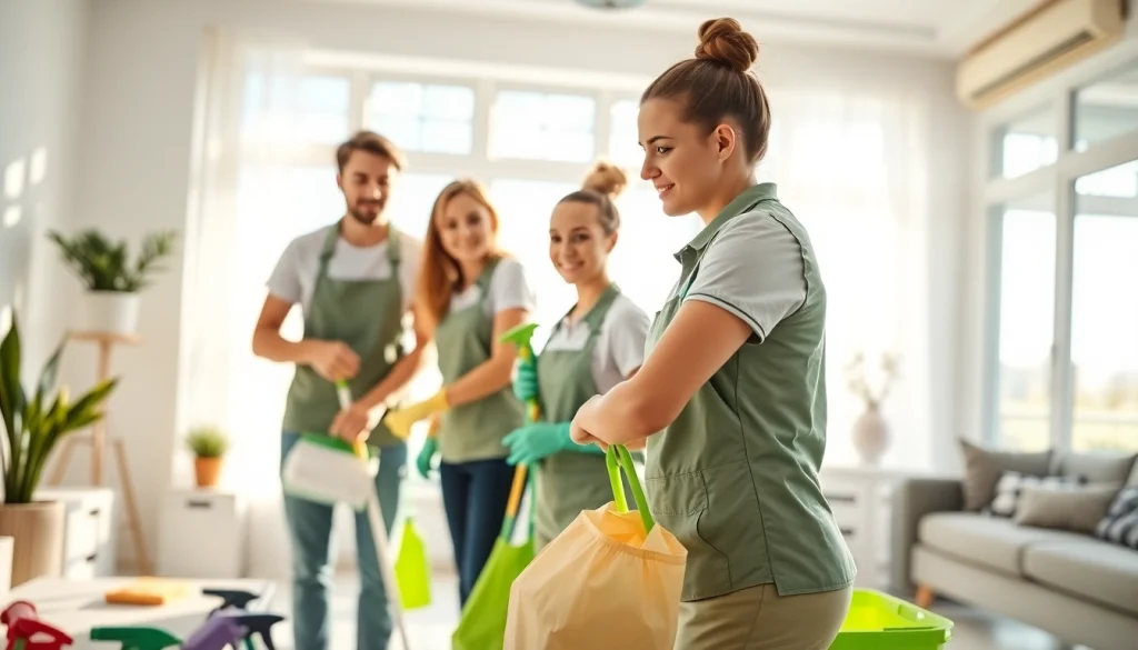 Experience a reliable cleaning service with a professional team in action, showcasing teamwork and efficiency in a bright home.
