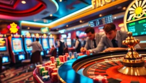 Players engaging in thrilling betting activities at a casino, featuring 7mcn live sports updates on a screen.