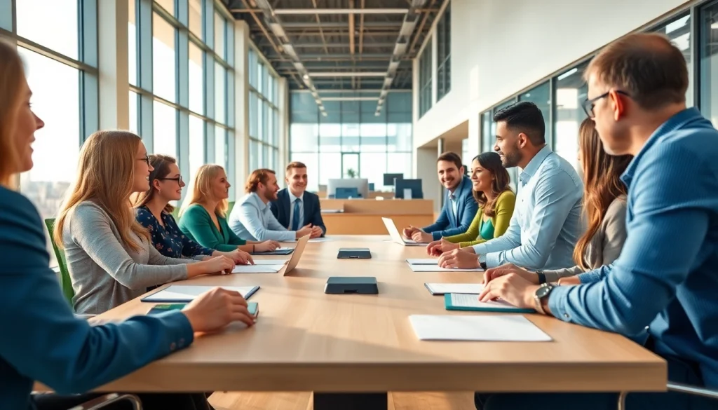 Business team collaborating in a modern office setting with positive energy and engagement.