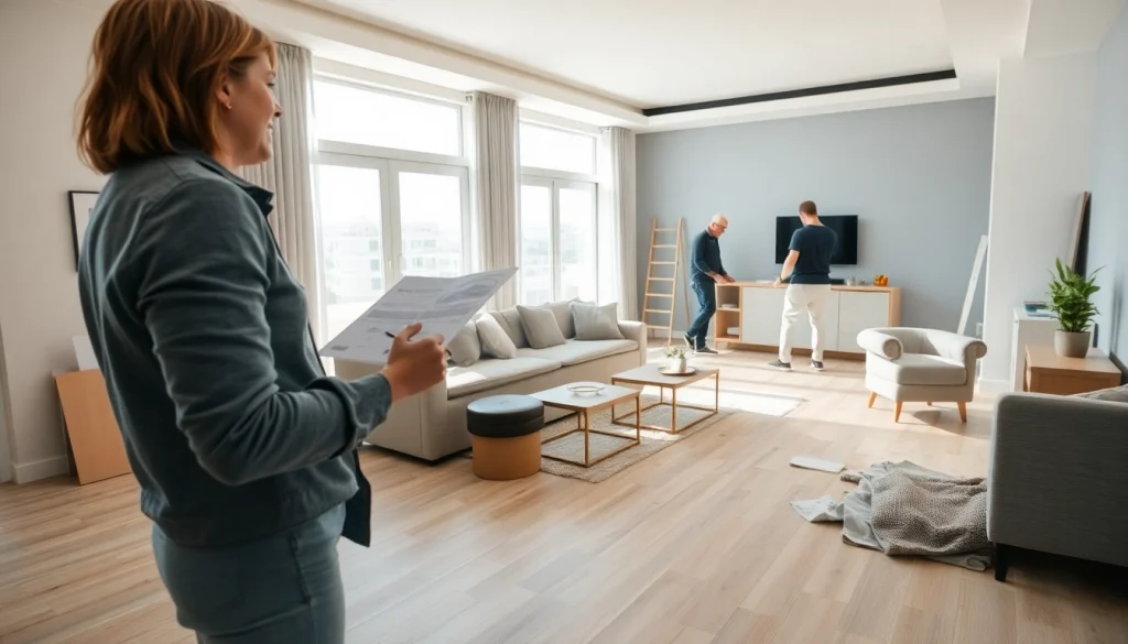 Home renovation process showcasing modern living space transformation with fresh designs.