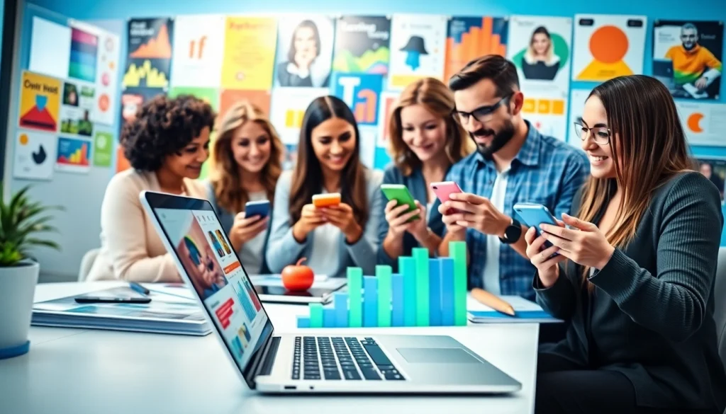 Engaging team discusses strategies to promote https://boost-social-media.com in a vibrant, professional office.