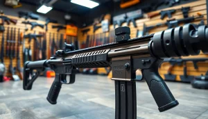 The super safety trigger showcased on an AR-15 in a well-lit gun shop environment, highlighting its features.