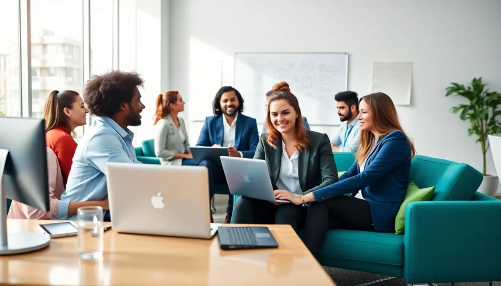 Business professionals collaborating in a modern workspace designed for innovation.