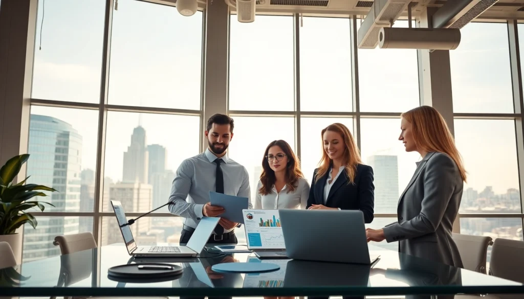 Real Estate agents collaborating in a modern office environment with city view.