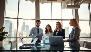 Real Estate agents collaborating in a modern office environment with city view.