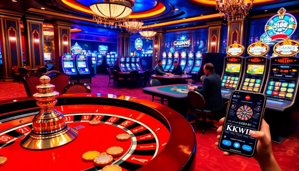 Winning moments at https://kkwin.life/ with players thriving at a stylish roulette table in a luxurious casino.