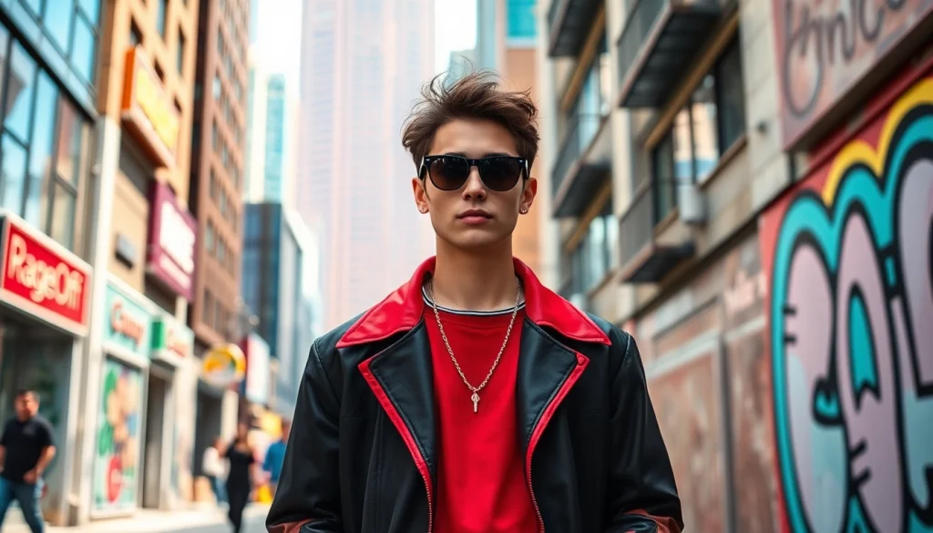 Fashion-forward individual showcasing RageOff wardrobe in an urban setting.