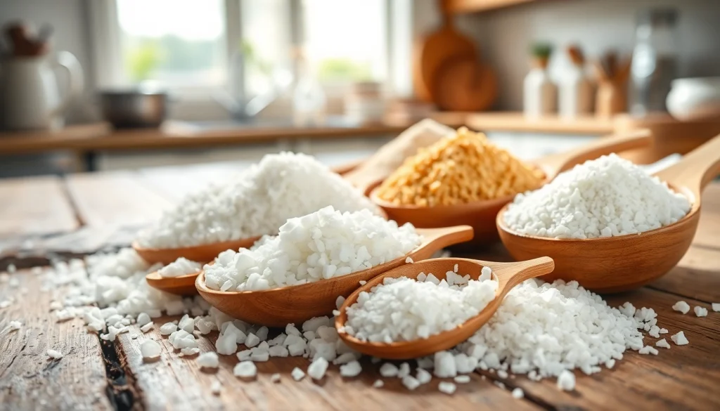 Visualize adoçante a granel com variedade de adoçantes naturais em colheres de madeira.