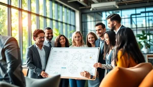 Business team collaborating in a modern office, illustrating teamwork and innovation.