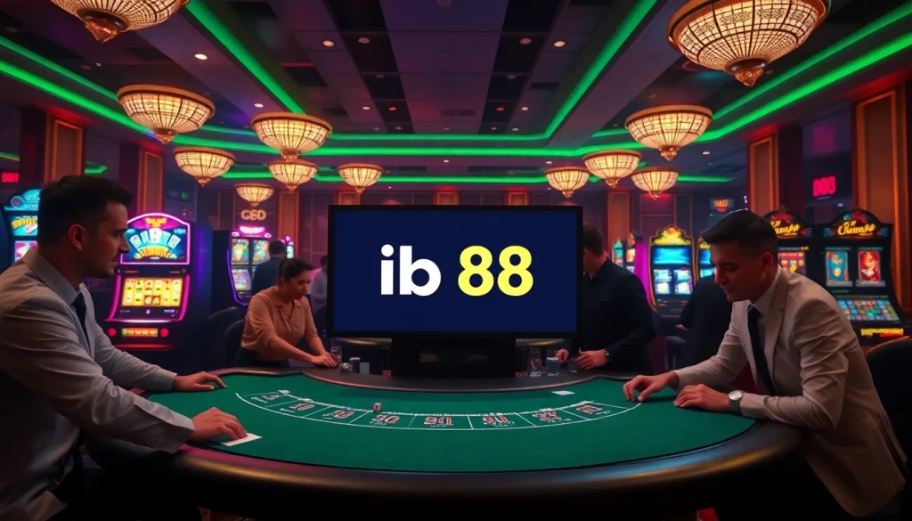 Lifesize casino table featuring professional blackjack action with ib88 branding and vibrant gaming elements.