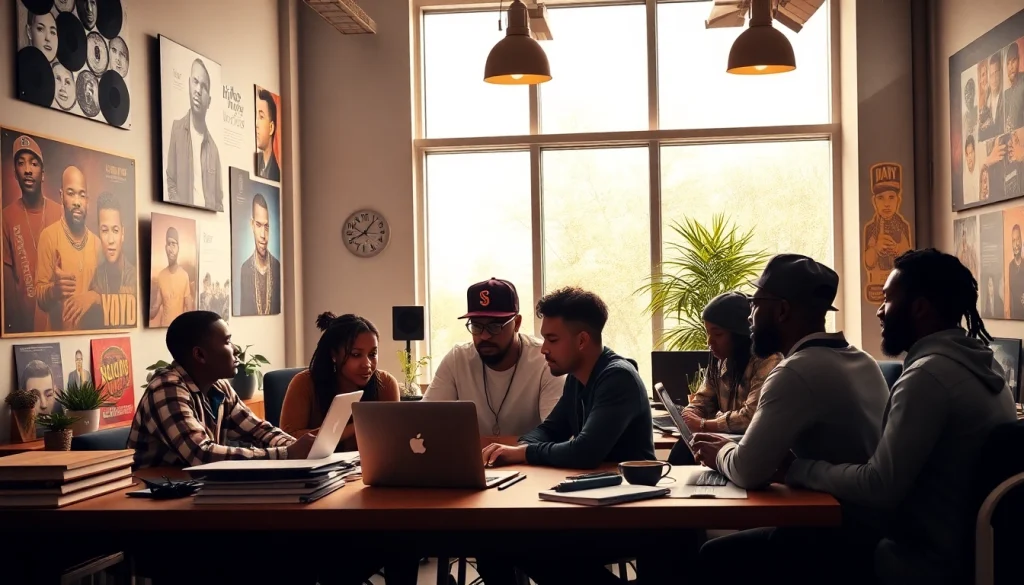 Vibrant hip hop PR agency workspace with professionals analyzing music strategies.