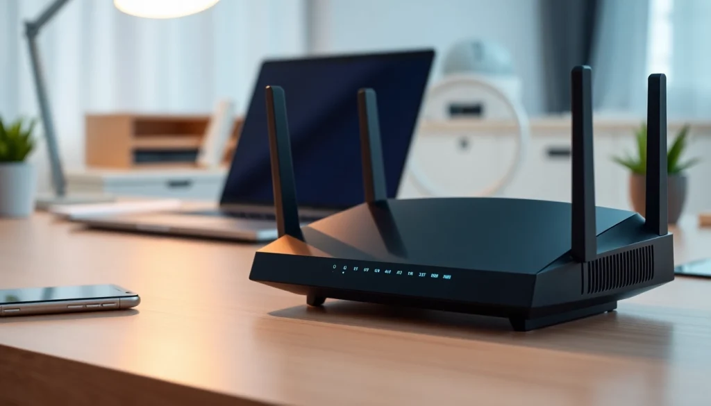 Showcase the vpn router in a modern office with sleek design and glowing lights.