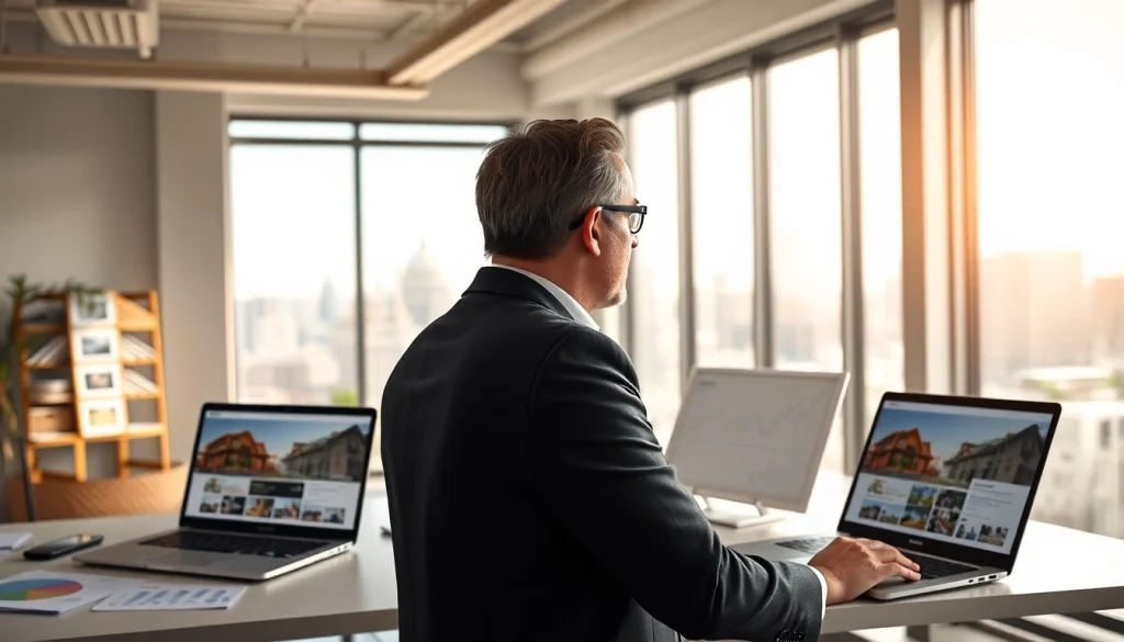 Engaging real estate agent discussing listings in a bright office environment.
