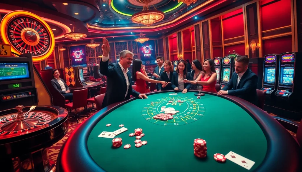 Excited players enjoying an F8 BET gaming experience at a luxurious casino table.