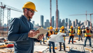 New York Construction Manager supervising a diverse team at an active construction site in NYC.