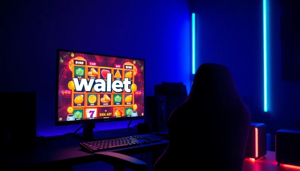 Menggambarkan logo walettoto pada layar monitor dalam setup gaming modern.