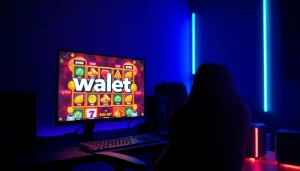 Menggambarkan logo walettoto pada layar monitor dalam setup gaming modern.