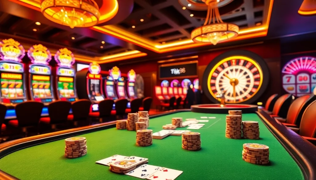 Trải nghiệm sự phấn khích của Tik 88 tại bàn poker casino sang trọng, với những đồng chip rực rỡ và bộ bài.