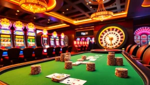 Trải nghiệm sự phấn khích của Tik 88 tại bàn poker casino sang trọng, với những đồng chip rực rỡ và bộ bài.