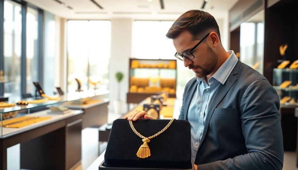 Goldankauf in der Nähe services showcased by a professional buyer examining a high-value gold necklace.