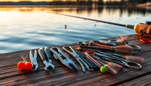 Showcase of essential fly fishing accessories including nippers and hemostats on a lakeside table.