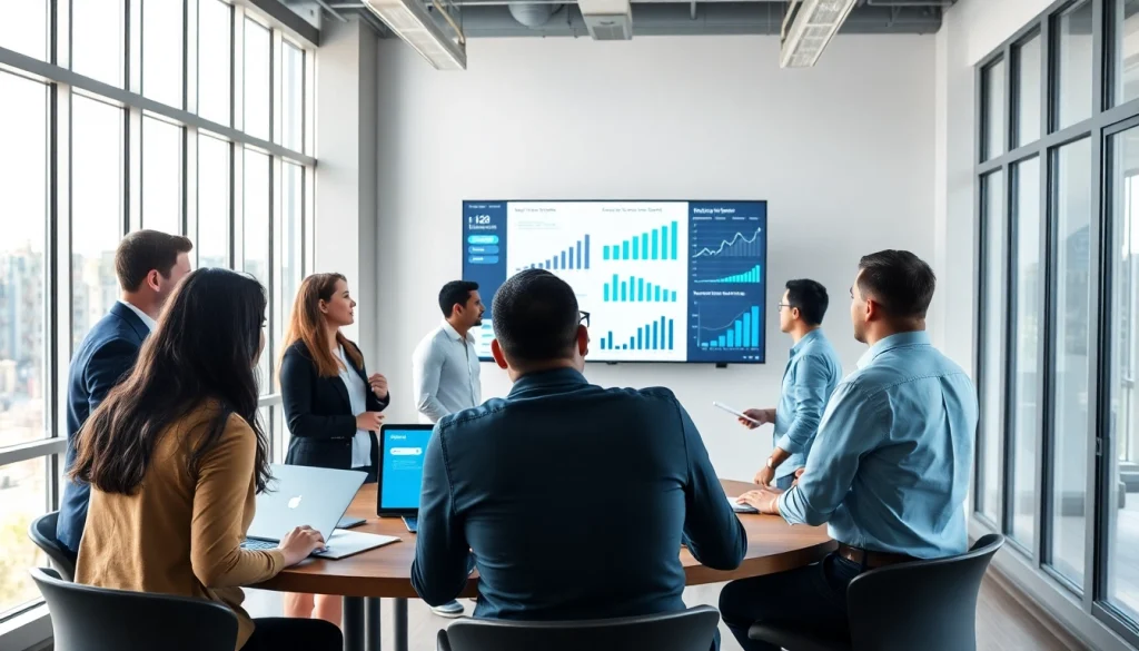 Collaborative team session examining business growth insights through visual data analysis.
