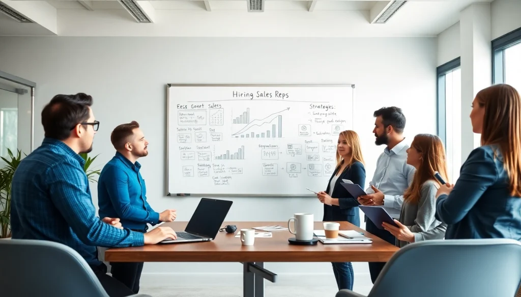 Team brainstorming to hire sales reps effectively in a modern office.