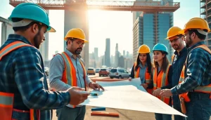 Collaborative scene of careers in construction with professionals on a building site.