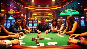 Players at a high-stakes poker table amidst a hidden wiki scam caution.