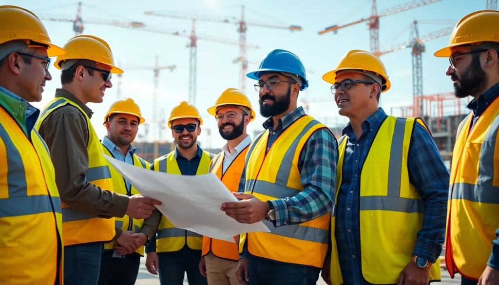 Careers in construction team collaborating on-site, showcasing vibrant teamwork and safety.
