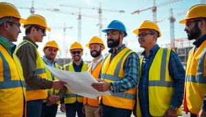 Careers in construction team collaborating on-site, showcasing vibrant teamwork and safety.