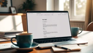 Utilize temp mail disposable email service displayed on a laptop with stylish office setup.