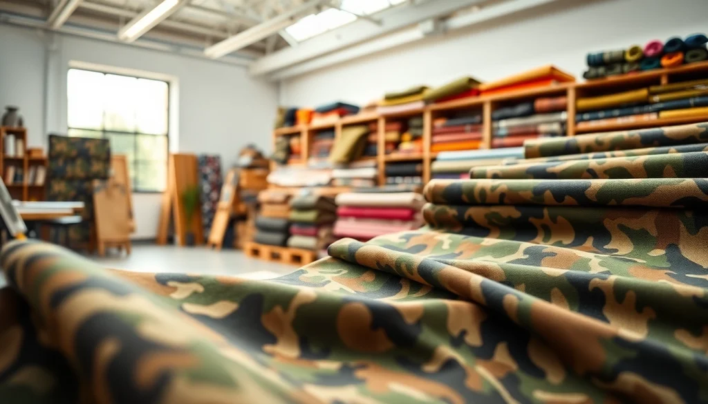 Bekijk camouflage stoffen van hoge kwaliteit en verschillende patronen in een kleurrijke studio.