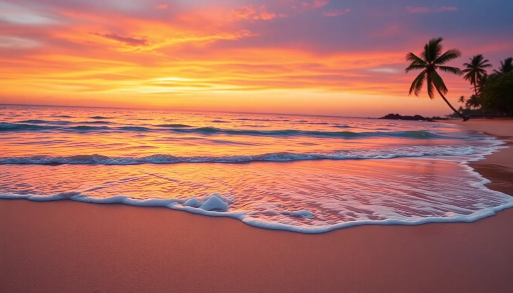 Display stunning coastal wall art illustrating a serene beach at sunset.