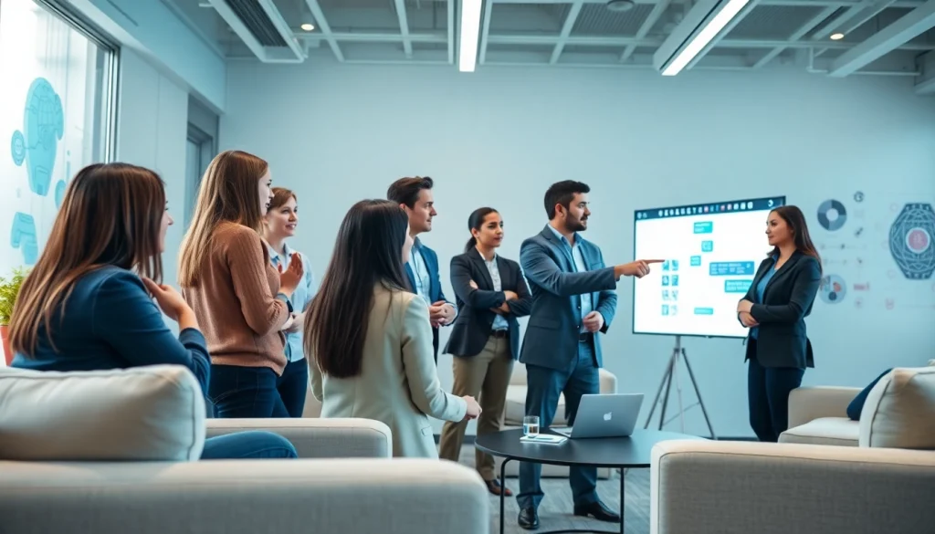 AI consulting company in UK team collaborating on innovative strategies in a modern office.