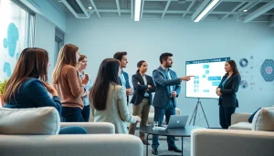 AI consulting company in UK team collaborating on innovative strategies in a modern office.