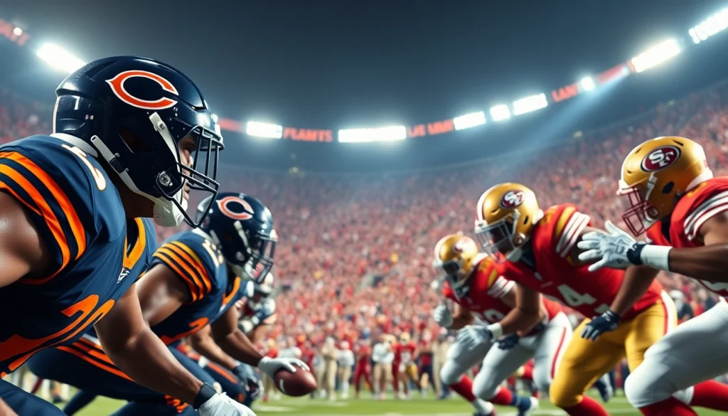 Action-packed football clash between Bears and 49ers showcasing intense competition.